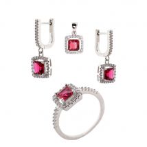 Schmuckset aus 925 Silber mit Zirkonia: Ohrhänger +Anhänger +Damenring Rot | 18 mm (57)