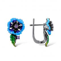 Blumen Ohrringe aus 925 Silber mit lila Zirkonia und Emaille