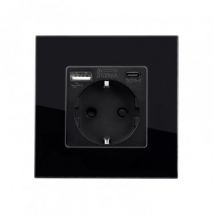 Schuko Contactdoos met 2 USB Poorten type F met Glazen Frame Modern -Zwart