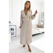 504-7 VIVIANA Plisowana sukienka midi z dekoltem, długim rękawkiem i szerokim paskiem - BEŻOWA