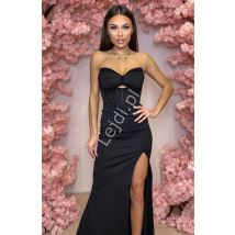 Czarna gorsetowa sukienka z koralikami i zdobieniami z rozcięciem LUCKIN