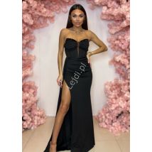 Czarna sukienka z koralikami i zdobieniami z rozcięciem Portofino z zamkiem