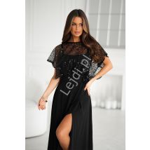 Czarna wyszczuplająca suknia + bolerko z cekinami i kwiatem w pasie 2w1 , sukienka wieczorowa r.34 - r.48 HB333