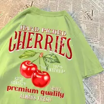 Koszulka damska nadruk czerwone wisienki Cherry 100% bawełna, oliwka