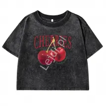 Krótka postarzana koszulka damska nadruk wisienki Cherry, grafitowo czarna 100% bawełna
