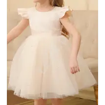 Krótka tiulowa długa sukienka z jasny szampański beż 138