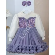 Wizytowa fioletowa sukienka dla dziewczynki z długim rękawem 1319 + spinka kokarda