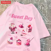 Słodka różowa koszulka Sweet Day z nadurkiem lodów, babeczek, tortów na plecach