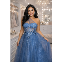Sukienka na wesele, studniówkę bale Princess Dress sukienka tiulowa z kwiatkami, koralikami jeansowo niebieska