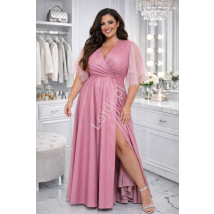 Sukienka na wesele wyszczuplająca z tiulowym rękawem Evita pustynny róż GlossyPlus Size