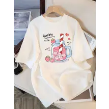 T-shirt damski Bubble strawberry milk shake biały