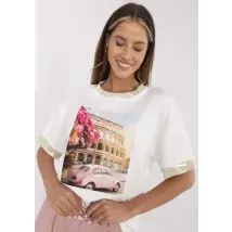 T-shirt damski ze złotymi lamówkami ROMA z garbusem , bluzka bawełniano wiskozowa masełko PREMIUM , ecru M61771
