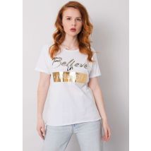 T-shirt z aplikacją Believe in yoursel z perełkami i złotymi napisami
