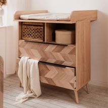 Commode à langer bébé 2 tiroirs 2 niches en bois naturel impression chevron - CO70107