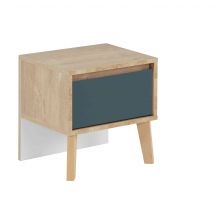 Chevet 1 tiroir en bois imitation chêne clair et bleu - CH5046 en Panneau de particules - - Bleu canard - Terre de Nuit