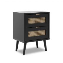 Chevet 2 tiroirs en bois noir impression cannage - CH7072
