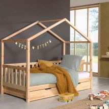 Lit cabane enfant à barreaux en bois massif naturel 90x200 avec tiroir de lit - LT2025 en Pin Massif - - Bois naturel - Terre de Nuit