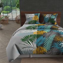 Soleil d'Ocre - Parure de lit Jungle gris 260x240 cm - Gris - Floral - 57 fils/cm² - Rabat