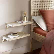 Lit adulte en pin massif tête de lit cannage 140x190 + set de 2 chevets cannage en Pin Massif - - Bois naturel - Terre de Nuit