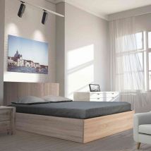 Lit coffre avec sommier en bois imitation chêne clair 160x200 - LT14022 en Panneau de particules - - Bois clair - Terre de Nuit