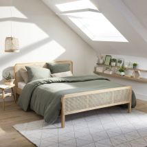 Lit adulte en pin massif avec véritable cannage 140x200 + set de 2 planches de chevet cannage en Pin Massif - - Bois naturel - Terre de Nuit