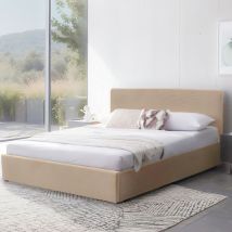 Lit coffre avec tête de lit rembourrée en velours côtelé beige 160x200 - LT82002 en Tissu - - Beige - Terre de Nuit