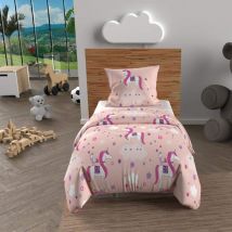 Soleil d'Ocre - Parure de lit enfant Licornes 120x150 - Rose - Personnage de fiction - 57 fils/cm² - Rabat