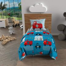 Soleil d'Ocre - Parure de lit enfant Pompiers bleu 140x200 - Bleu - Urbain - 57 fils/cm² - Rabat