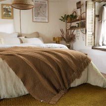 Plaid à franges camel matière recyclée 180 x 220 cm en - - Marron - Terre de Nuit