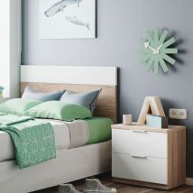 Tête de lit 1 personne avec 1 chevet 2 tiroirs - Blanc et chêne - TL81013 en Panneau de particules - - Bois naturel - Terre de Nuit