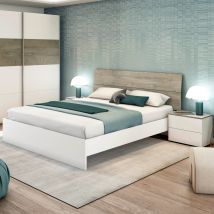 Tête de lit 160 cm avec 2 chevets amovibles et 2 tiroirs - Blanc et chêne - TL81018 en Panneau de particules - - Bois foncé - Terre de Nuit