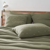Terre de Nuit - Taie d'oreiller à pois brodés double gaze de coton kaki 60x60 cm - - Kaki - Pois