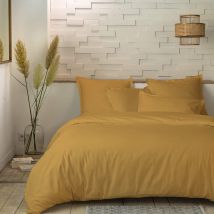 Terre de Nuit - Parure de lit percale unie moutarde 260x240 cm - Jaune - Uni - 80 fils/cm² - Rabat