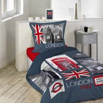 Douceur D'intérieur - Parure de lit enfant City London 140x200 - Bleu marine - Urbain - 42 fils/cm² - Base droite
