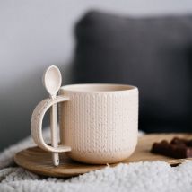 Mug original en céramique avec cuillère intégrée - Beige - Bois - Idée cadeau Noël - Cadeau Femme - Cadeau Maman - Cadeau Crémaillère - United By Blue