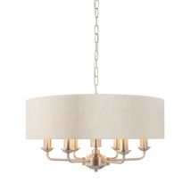 Endon Lighting 94357 Highclere 6 Light Ceiling Pendant In Brushed Chrome With Natural Linen Shade
