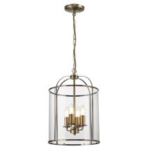 Traditional 4 Light Antique Brass Circular Hanging Hall Ceiling Lantern Light with Glass Panels