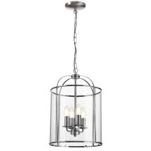 Traditional 4 Light Circular Satin Nickel Hanging Hall Ceiling Lantern Light with Glass Panels