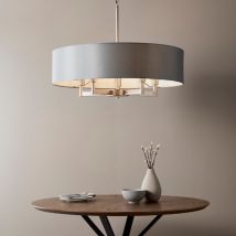 Contemporary 5 Light Ceiling Pendant In Matt Nickel Finish With Grey Fabric Shade