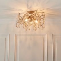 Osier 3 Light Semi Flush Ceiling Light In Aged Gold With Champagne Glass Teardrops
