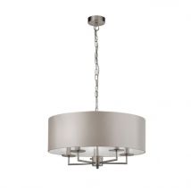 Searchlight Kingsbridge 5 Light Ceiling Light, Satin Silver With Silver Faux Silk Shade