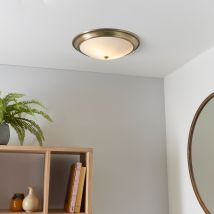Endon 91121 Flush Light In Antique Brass With Opal Glass