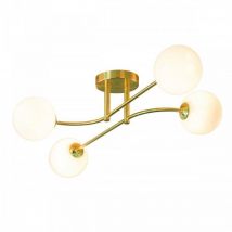 4 Light Semi Flush Ceiling Light In Brushed Brass Plate And Gloss White Glass