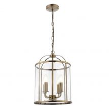 Hanging 4 light Hall Ceiling Lantern in Antique Brass with Glass Panels