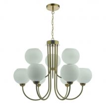 Dar IND1335 Indra 9 Light Multi Arm Ceiling Pendant In Brass With Opal Glass