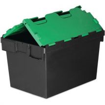 5x 64l black plastic storage boxes - green lid - totebox