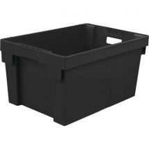 Five 56l black plastic stackable storage boxes - totebox