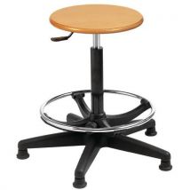 Polished wooden workshop stool with adjustable foot ring