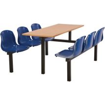 6 seat canteen table - 1-way access - blue seat - beech top