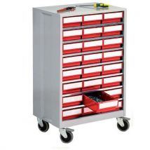 Mobile high density storage cabinet with 24 red drawers